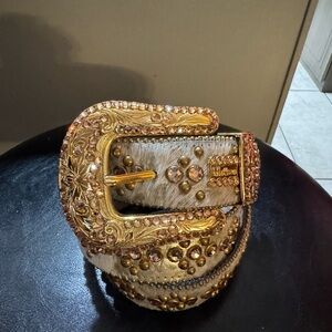 BB Simon Embellished Gold Buckle Beige Women's Belt